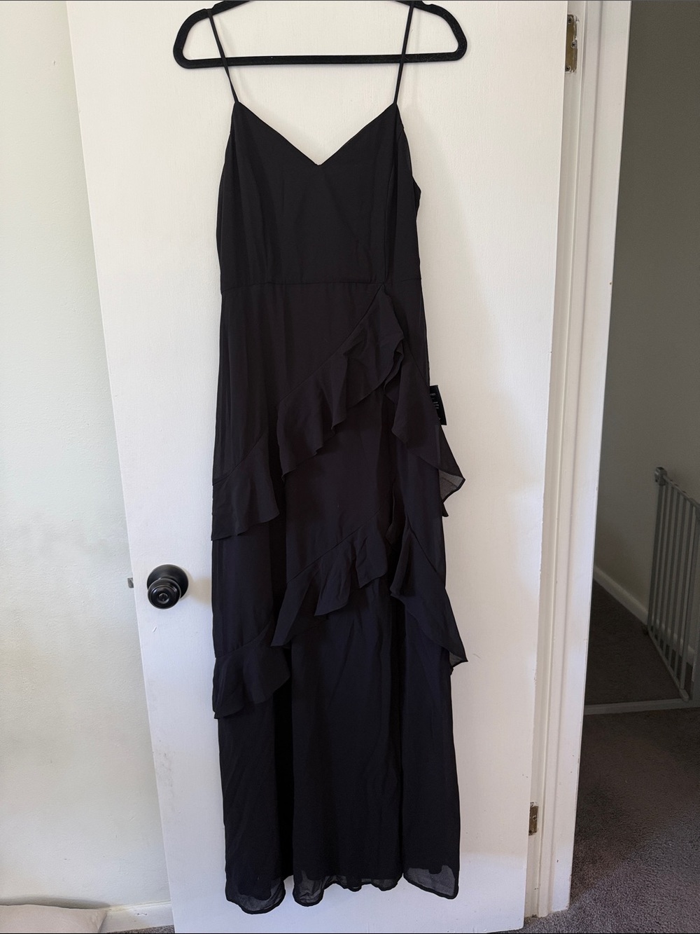 Lulu's Black Ruffle Spaghetti-Strap Maxi Dress